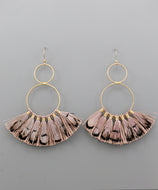 Double Circle & Feather Fan Earrings - Dusty Pink/Gold